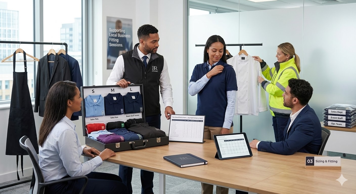 BR Apparel team reviewing a uniform quote for a business client