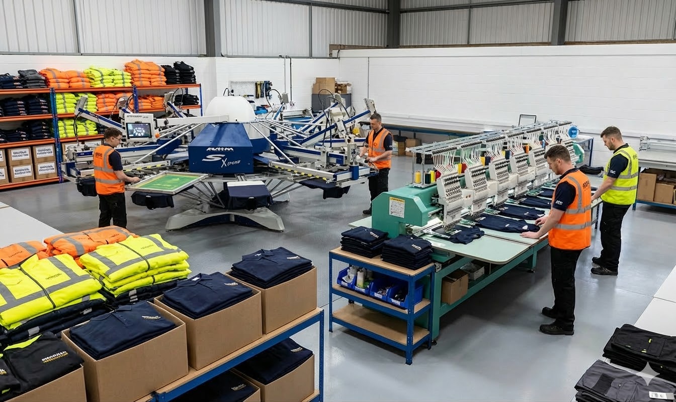 MHM screen printing press producing branded workwear at BR Apparel